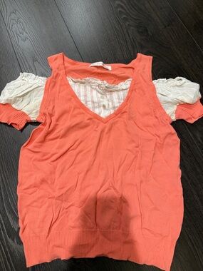 Women's Coral V-Neck Layered Tank Top with White Puff-Sleeve Detail